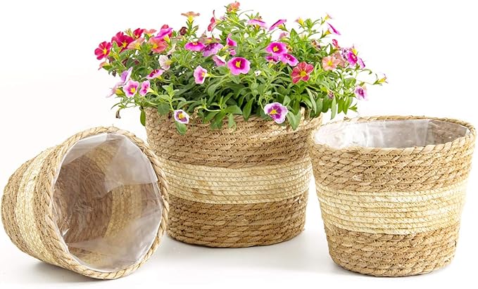Plant Pots for Indoor Plants, Seagrass Plant Basket Flower Pots Cover, Plant Containers,9.8 inch,Beige&Brown, Set of 3