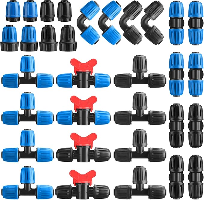 32 Pcs 1/2" Tubing Irrigation Fittings Kit 1/2" ID x 0.6-0.63" OD 16 mm Drip Irrigation Barbed Connectors 4 Switch Valves, 8 Tees, 8 Couplings, 4 Elbows, 4 Ends, 4 Adapters (Blue, Black)