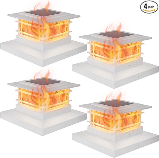 Dynaming 4 Pack Solar Flame Post Lights Outdoor, Solar Powered Fence Post White Shell Cap Light, High Brightness Flickering Flame LED Lighting for Garden Deck Patio, Fit 4x4 5x5 6x6 Vinyl/Wooden Posts