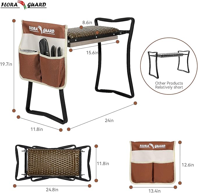 FLORA GUARD Garden Kneeler and seat, Folding seat with Tool Bag, Rattan Cushion, Heavy Duty Carbon Steel Construction, Perfect Gardening Gift for Seniors and Women