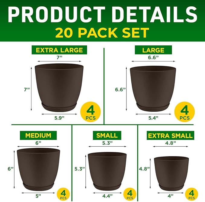 Planter Pots with Drainage Holes - Lightweight, Durable & Space-Saving Pots for Indoor and Outdoor - Versatile Functionality, Simple Modern Design, Set of 20 Plastic Planter Pots - Brown