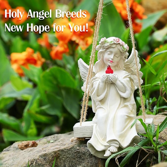 Angel Garden Statue,Fairy Solar Garden Decor with Warm Light,Waterproof Angel Statue with Swing & Holding Bird,Outdoor Garden Decor for Lawn Yard Patio Windowsill Garden Gifts, Apricot