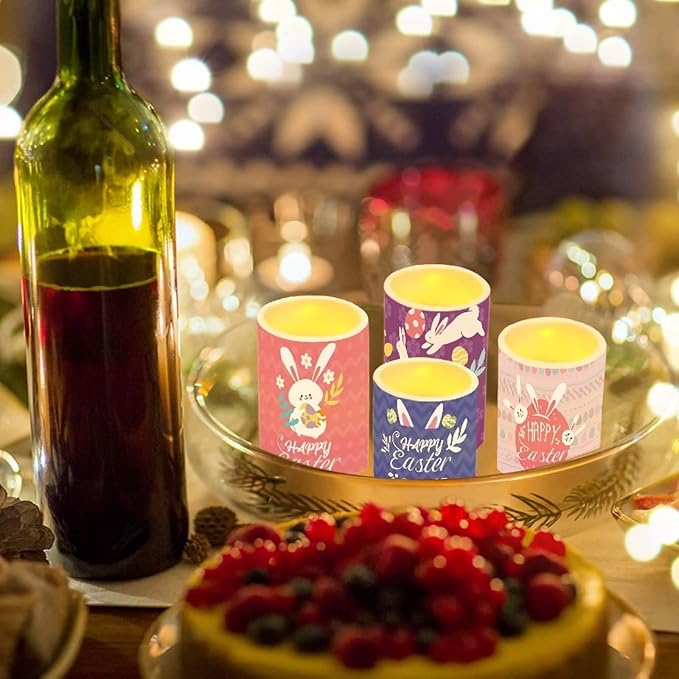 Happy Easter Flameless LED Battery Candles 4PCS Pillar Candles with 18-Key Timer Remote Color Changing Lights for Easter Party Day Celebration Decor, Cute Floral Bunny Rabbit