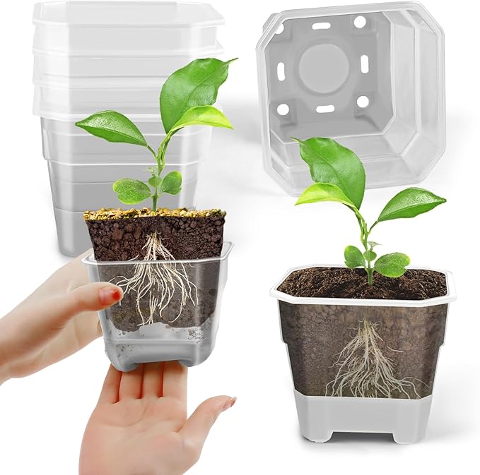 15 Packs 4 Inch Reinforced Clear Nursery Pots for Plants, Plastic Plant Pots with Silicone Base for Easy Transplant, Reusable Seedling Planting Pots Seed Starter with Drainage Holes (15, Gray)