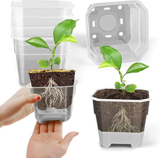 15 Packs 4 Inch Reinforced Clear Nursery Pots for Plants, Plastic Plant Pots with Silicone Base for Easy Transplant, Reusable Seedling Planting Pots Seed Starter with Drainage Holes (15, Gray)