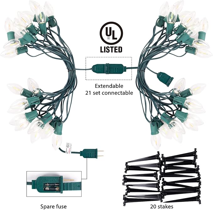 C9 Christmas Pathway String Lights - 2 Pack Total 51.4 Feet 40 LED Lights and 40 Stakes Extendable Waterproof for Outdoor Walkway Lights Driveway Christmas Decorations, Multicolored