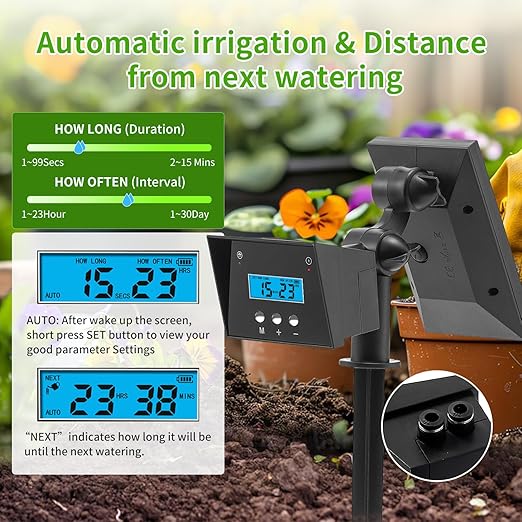 Solar Drip Irrigation System, Automatic Irrigation System for Outdoor Gardening，2200mA Battery and rain Sensing Function,for courtyards, Balconies, Gardens, 10 Potted Plants