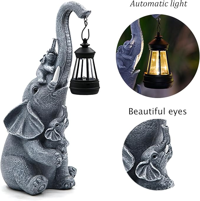 Solar Elephant Outdoor Statues Garden Decor with Solar LED Lights Good Luck Elephant Statue for Patio Balcony Yard Lawn Ornament, Birthday Mother Day Gardening Gifts for Mom Grandma Women