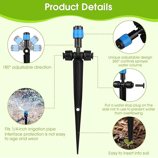 25 Pcs Drip Irrigation Emitters with Stake - Adjustable Drip Emitter Vortex for 1/4" Drip Line Irrigation Tubing - Drip Irrigation System Parts Drippers Sprinkler Heads for Garden Watering System-Blue