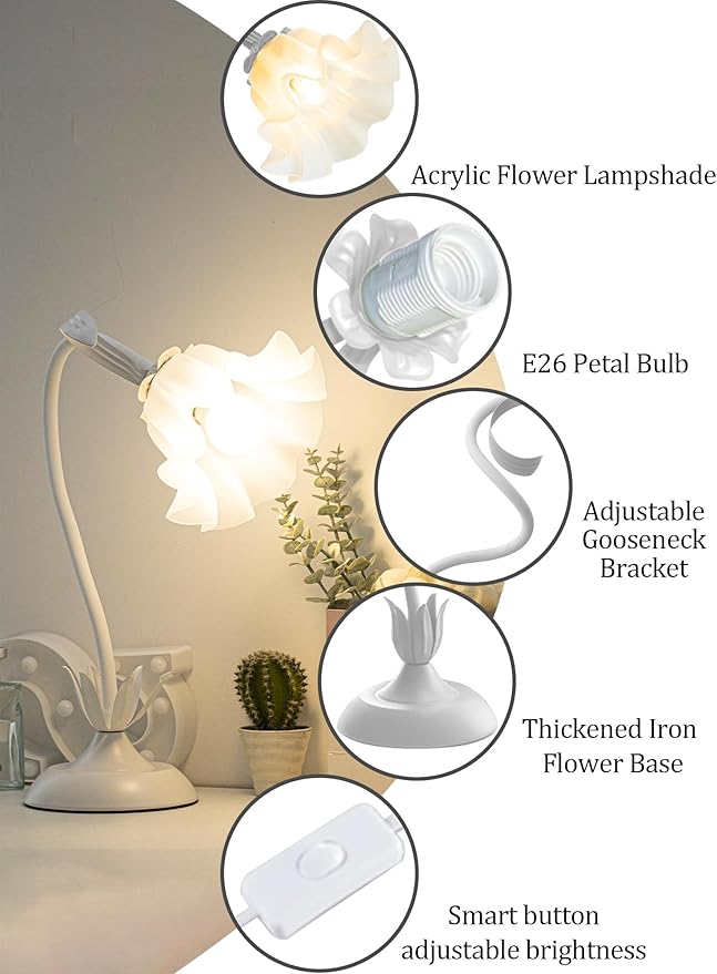 Flower Table Lamp,LED Reading Light Bedside Vintage Flower Night Light,3 Colors Modes Kawaii Bedside Lamps Decor,Living Room Bedroom Room Lighting Table Lamps Home Decoration (White)