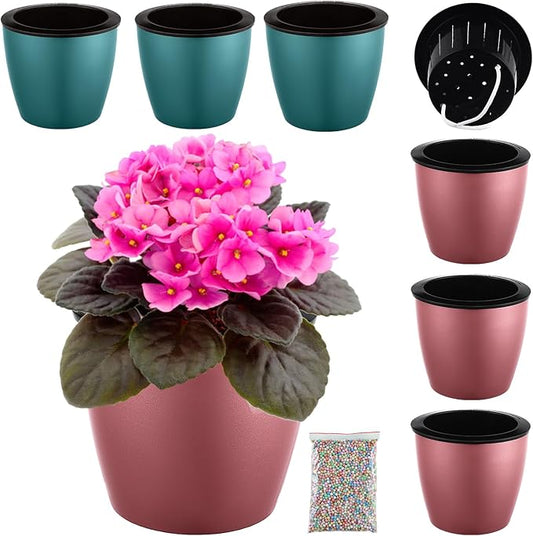 Planterhoma 6.7 Inch Self Watering Pots for Indoor Plants, 6 Packs African Violet Pots with Black Wick Pots, Self Watering Planters for Devil's Ivy, Indoor Plant Pots, Blue/Rose Gold