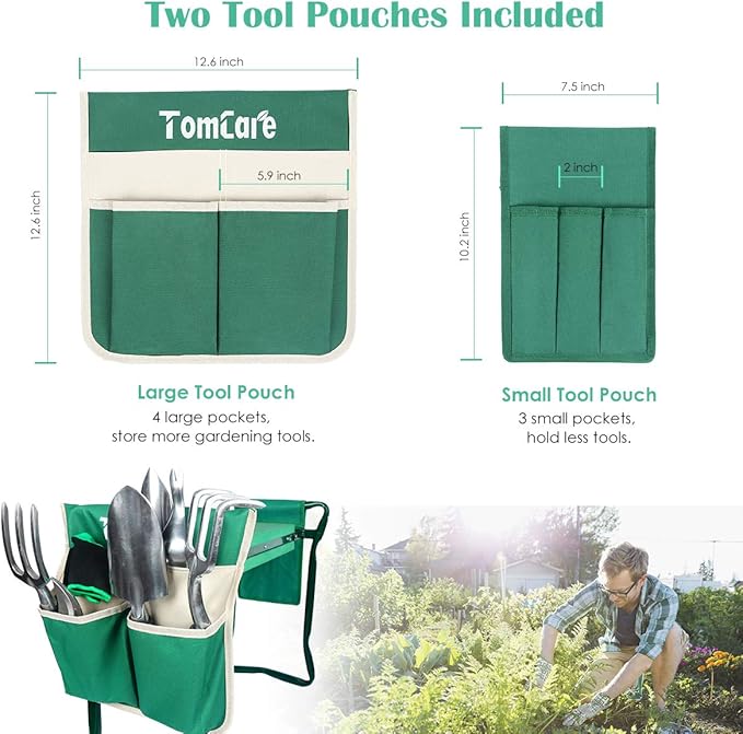 TomCare Garden Kneeler Seat Garden Bench Garden Stools Foldable Stool with Tool Bag Pouch EVA Foam Pad Outdoor Portable Kneeler for Gardening（Large-21.65" x 10.62" x 18.89", Green）