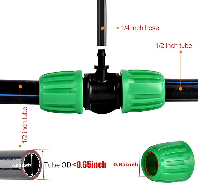 1/2 Inch to 1/4 Inch Drip Irrigation Tubing Fittings, Locking Caps Barbed Tee, Fit 1/2" Drip Tubing (OD: 0.6-0.65") x 1/4 Hose (ID 4mm)-12 Pcs/pack