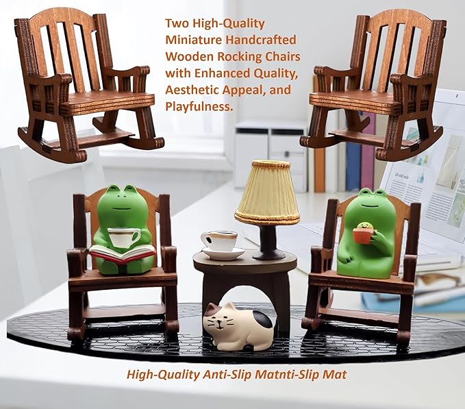 7 Pcs Cute Frog Rocking Chair Set with Miniature Frog Figurines, Mini cat, and Whimsical Trinkets - Versatile Decor for Office, Home, Yard, Patio, and Lawn