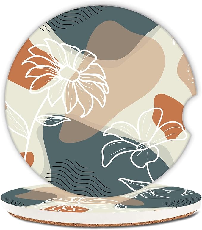 Abstract Flowers Leave Car Coasters,Ceramic Absorbent Cup Holders with Finger Notch & Cork Base Car Assecories for Women/Men 2.6"(2 Pieces)