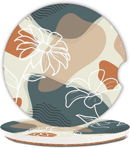 Abstract Flowers Leave Car Coasters,Ceramic Absorbent Cup Holders with Finger Notch & Cork Base Car Assecories for Women/Men 2.6"(2 Pieces)