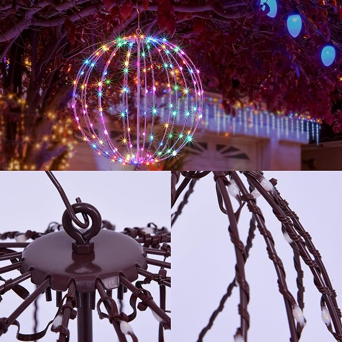 Christmas Ball Sphere 16IN 128LED Hanging Tree Light and Pathway Lights - Foldable Metal Frame, White, RGB