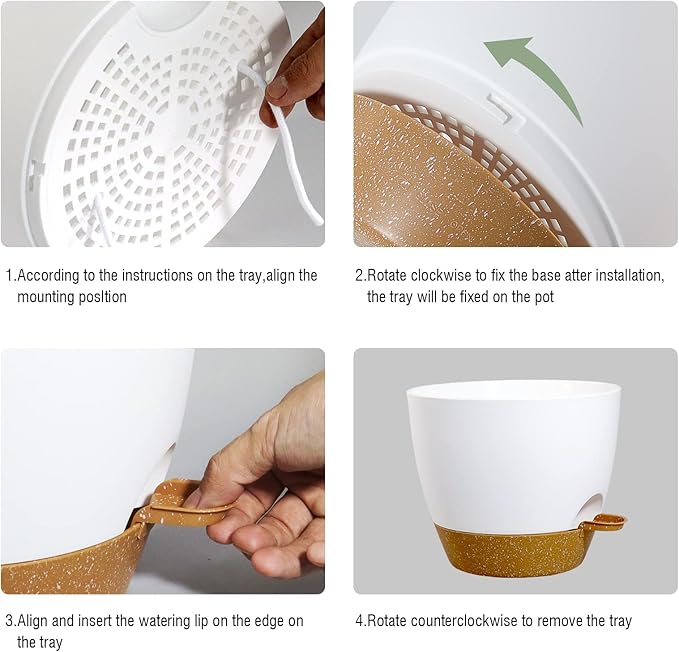 10 inch Self Watering Pots, 2 Pack Plastic Planters with Mesh Drainage Holes for Garden Plants, Plants Pots with Deep Reservoir for Indoor Outdoor Plants, White with Brown