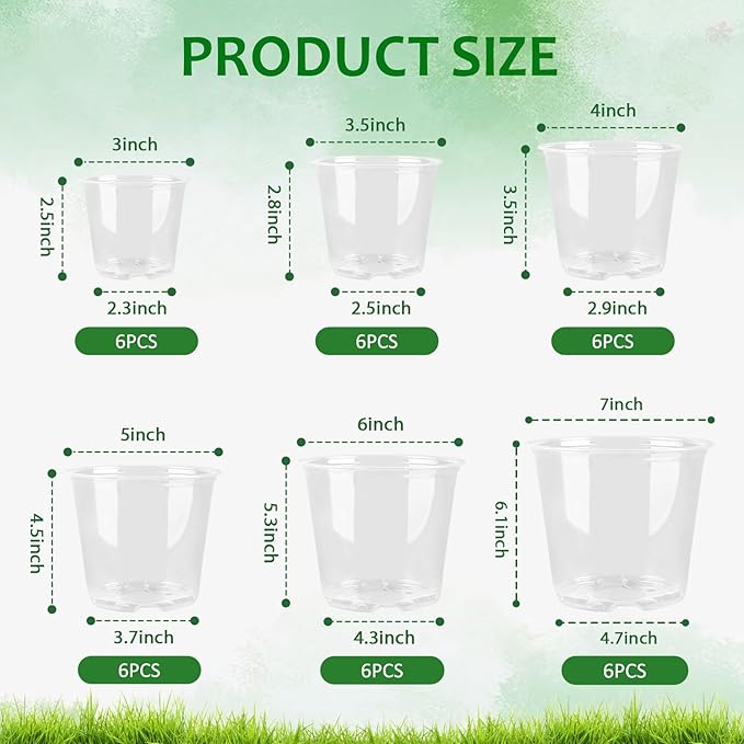 36 Packs Clear Nursery Pots for Plants, 3/3.5/4/5/6/7 Inch Plastic Pots for Plants with Drainage Holes, Variety Pack Nursery Pots for Plants, Flower, Herb, Bonsai, Succulent
