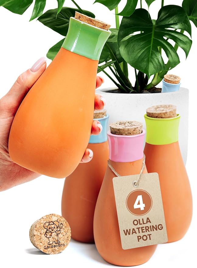 4 Pcs Ollas Terracotta Watering Pots Large- 14 Oz Self Watering Planter Insert Olla Watering System For 1-week Easy To Refill - Clay Plant Watering Globes For Outdoor & Indoor Plants [4, Bright]