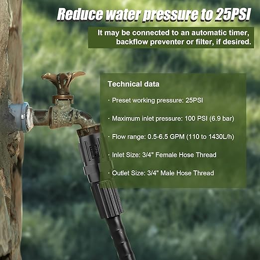 2pcs Water Pressure Regulator, 25PSI 3/4" Hose Thread Garden Hose Pressure Regulator Drip Irrigation Tubing Adapter Low Flow Valve Pressure Reducer for Drip Irrigation System