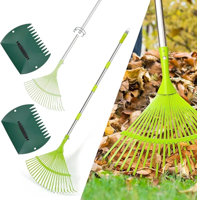 Leaf Rake Set, Garden Rakes for Leaves, 65inch Adjustable Long with 16" Wide Metal Tines, Lawn Rake with Two Lightweight Leaf Scoop-Gardening Grabbers for Leaf Lawn Grass Removal