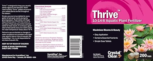 CrystalClear Thrive Aquatic Pond Plant Food, Fish Safe Water Garden Fertilizer, Nutrients Boost Lily & Lotus Flower Bloom & Root Growth, 200 Tablets