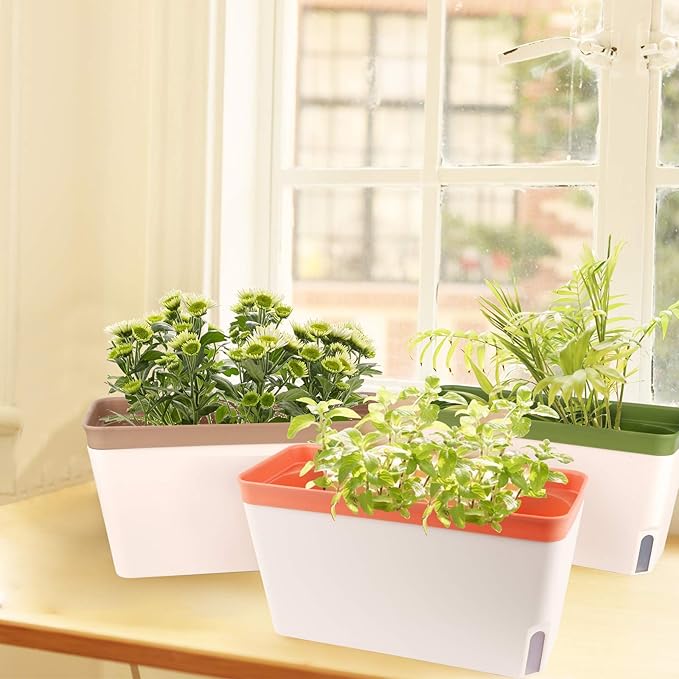 OurWarm Windowsill Herb Planter Box, Set of 3, Self Watering Plant Pots, 10.5 Inch Rectangular Planter Pots, Decorative Garden Flower Pots for indoor plants, Herbs, Vegetables, Flowers (3 Colors)