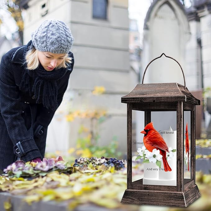 Solar Lanterns Outdoor Hanging Lanterns, Metal with Glass Cardinal Solar Lights, Waterproof Decorative Lantern Garden Decor for Outside Table Patio Yard, Memorial Gifts Grave Decorations for Cemetery