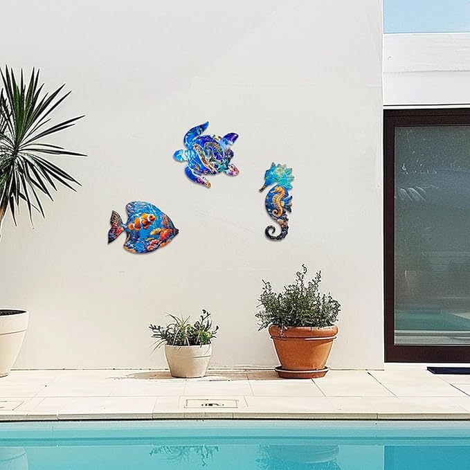 LIFFY Metal Fish Wall Decor Fish Metal Wall Art Ocean Themed Sea Turtle Fish Seahorse Coastal Wall Sculpture, Nautical Outdoor Decor For Garden, Fence, Patio, Pool,Beach,Bathroom (3 Pcs)