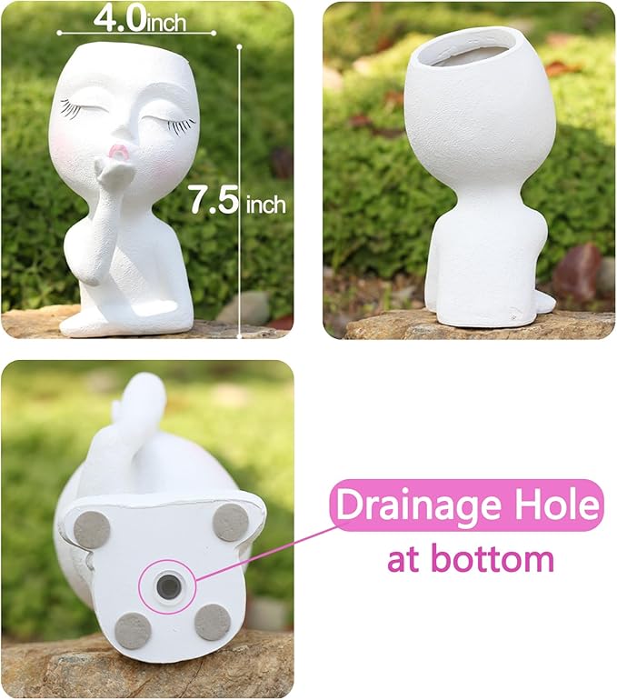 Cute Head Planter Pot/Face Planters for Indoor Plants,with Drainage Hole,Flower Pot Face pots Cute Lady Head Planters Pot for Indoor Outdoor Plants,Cute Resin Succulent Planter (White)