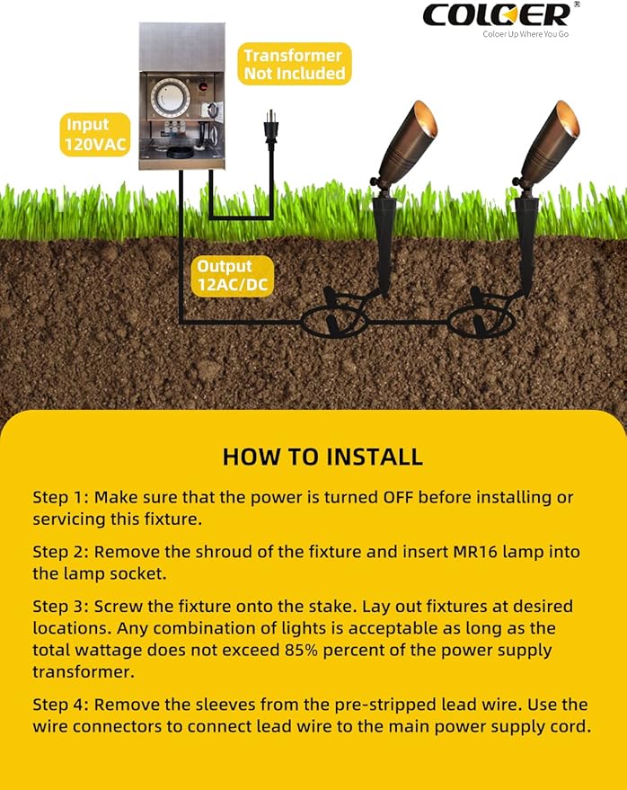 COLOER Die-cast Brass Landscape Spotlights Outdoor, 12V AC/DC Low Voltage Spotlight, IP65 Waterproof Landscape Lighting for Yard, Garden Patio Trees Spot Uplight(102B,6-Pack Without Bulb)