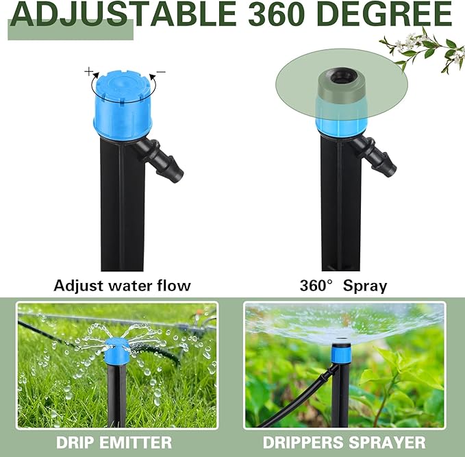 32 Pcs Drip Irrigation Emitters Drip Emitters for 1/4 Inch Tubing Irrigation Drippers Sprayer Adjustable 360 Degree Water Flow Drip for Garden Lawn Flower Bed Irrigation System (Blue)