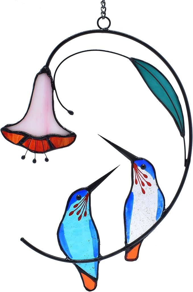Lolitarcrafts Hummingbird with Flower Stained Glass Suncatcher Bird Stained Glass Window Hangings Hummingbird Gift for Home Decor (Blue 1 Pair)