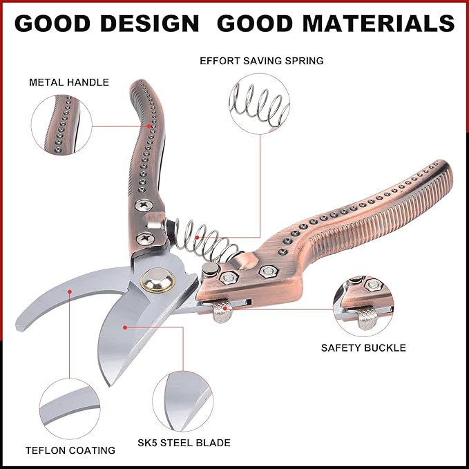 Tree Trimmers Secateurs, Hand Pruner, Garden Scissors for Plant,Pruning Shears for Gardening, Garden Hand Shears, Pruners for Gardening, Garden Clippers, Hedge Shears, Garden Tools （copper color)