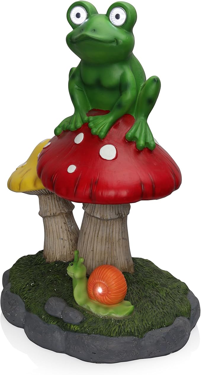 Alpine Corporation ZEN390SLR-L Frog on Mushroom Statue with LED Lights, Solar-Powered LED Frog Garden Statue, 24" H, Green