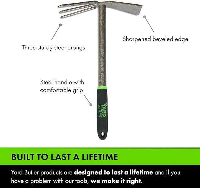 Yard Butler Terra Tiller - Durable Weeding & Tiller Gardening Tool - Ergonomic Grip for Weeding, Tilling & Digging - Dual-Action Head with Three Prongs & Beveled Edge