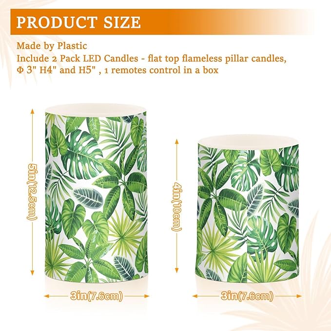 Flickering Flameless Candles, Tropical Palm Leaves Exotic LED Candles with Remote Timer, Set of 2 Battery Operated Candle for Valentine Wedding Birthday