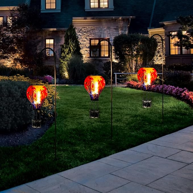 Starsoul Solar Hot Air Balloon Lantern with Flame Tie-Dye Style Hot Air Balloon Lamp Glass Outdoor Solar Hanging Lantern Waterproof for Garden Yard Patio