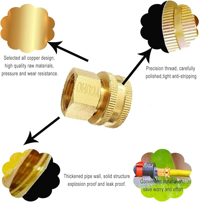 YOUHO Solid brass Garden Hose Fittings Connectors Adapter Heavy Duty Brass Repair Female to Female Double Female dual water hose connector(3/4" GHT Female to 1/2" NPT Female) 2 Pcs