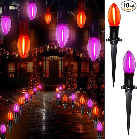 C9 LED Halloween Pathway Lights,10Pcs C9 Orange & Dark Purple Light Bulbs Stake Lights with 10 Stakes, Connectable Outdoor Pathway Markers Lights for Halloween Holiday Walkway Party Driveway Decor