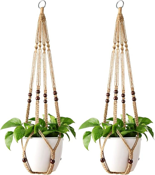 Mkono Macrame Plant Hanger Indoor Jute Hanging Planter Basket with Wood Beads Decorative Flower Pot Holder No Tassels for Indoor Outdoor Boho Home Decor 35 Inch, Brown, Set of 2 (POTS NOT Included)