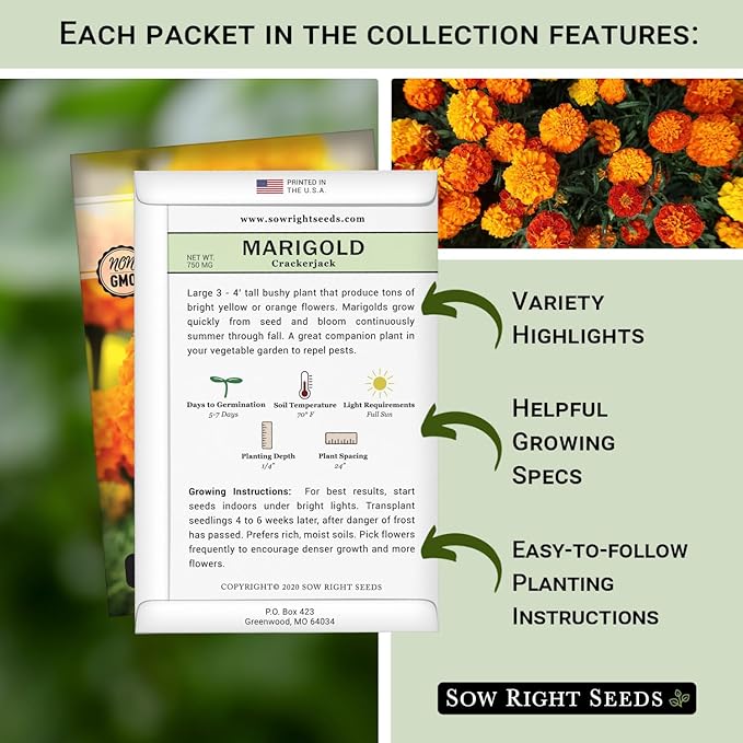 Sow Right Seeds - Pest Deterrent Seed Collection for Planting - Lavender, Catnip, Marigold, Hyssop & Lemon Grass - 5 Packets with Instructions for Home Garden - Natural Solution
