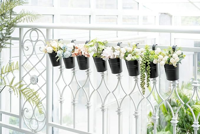 Dahey 10 Pcs Hanging Flower Pots Metal Iron Bucket Planter for Railing Fence Balcony Garden Home Decoration Flower Holders with Detachable Hooks, Black, 4 Inches