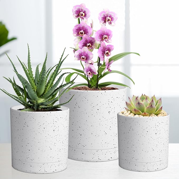 7/6.5/6/5/4 inch Plant Pots, 5 Pack Cylinder Flower Pots for Small Indoor Outdoor Plants, Plastic Planters with Drainage Holes and Saucers for Garden Succulent House Plants, Speckled White