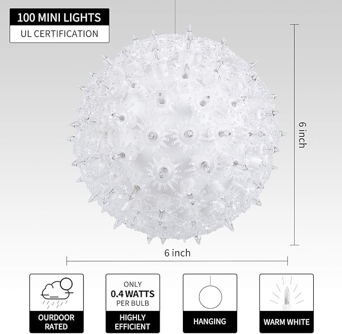 Brightown 6” Christmas Lights Ball Outdoor Sphere Lights 100 Replaceable LED Bulbs Plug in for Xmas Indoor Party Wedding Home Commercial Decorations