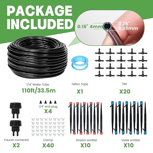 110ft Drip Irrigation System Kit, Garden Watering System DIY Automatic Irrigation Equipment Set for Lawn Raised Bed Greenhouse Plant Watering with 1/4'' Tubing, Drip Emitters, Connectors