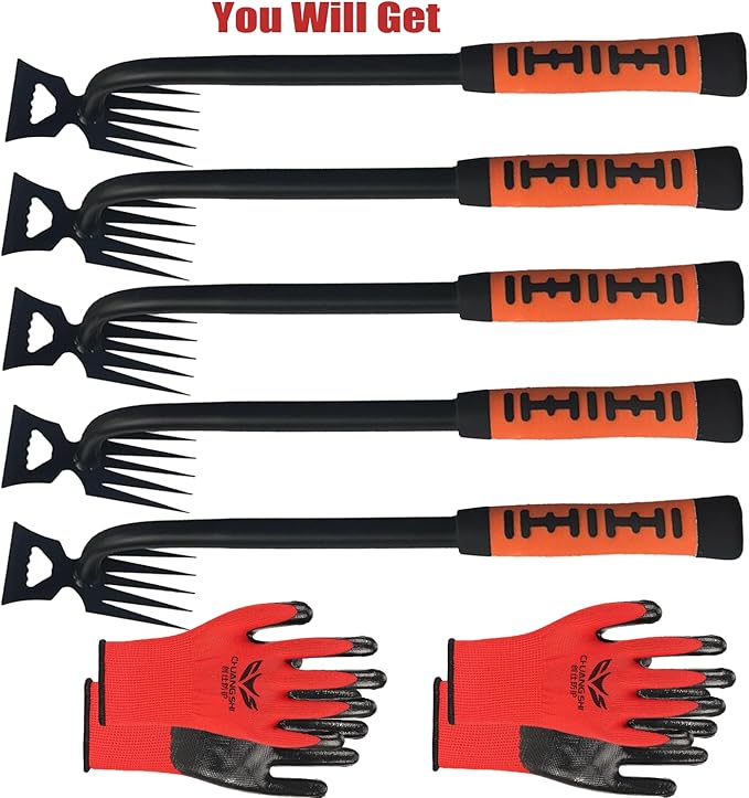 5pcs Multi-Functional Happy Garden Weed Puller Tool Set Heavy-Duty Manganese Steel 5 Teeth with Long Handle and Rubber Grip 4pcs Gloves for Effective Farm Yards Weeding and Planting