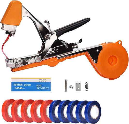 Plant Tying Machine Tape Tool for Tomatoes Peppers Grapes Cucumbers and Vining Vegetables Quickly and Easily Tie, Great for Gardeners Farmers, with Tapes, Spare Parts, Staples - Orange