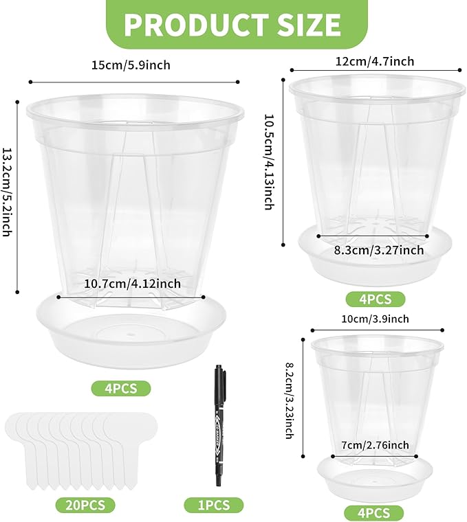 12pcs 3.9/4.7/5.9 Inch Clear Nursery Pots with Saucer, Transparent Plastic Plant Pots with Drainage Hole for House Plants, Flower, Succulent and Outdoor Clearance (20pcs Plant Labels)